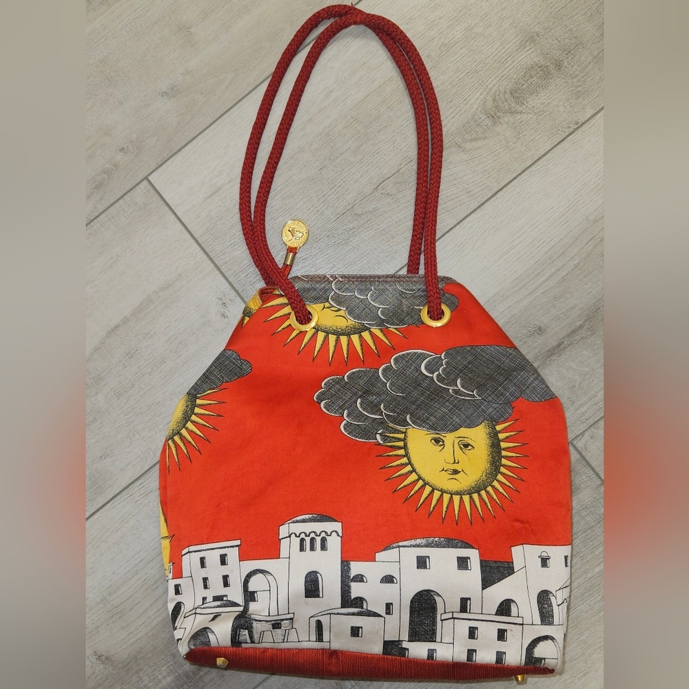 VINTAGE FORNASETTI MADE IN ITALY MILANO ARTSY COLORFUL SUN LANDSCAPE PURSE BAG - Picture 12 of 16